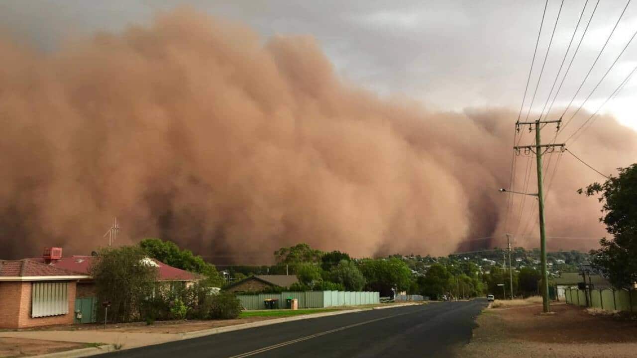 A dust storm rolling over the NSW town of Parkes.