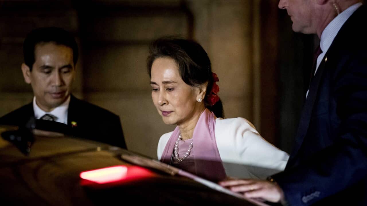 Myanmar leader Aung San Suu Kyi walked out of the Hague Peace Palace after attending the third day hearing of the International Court of Justice.