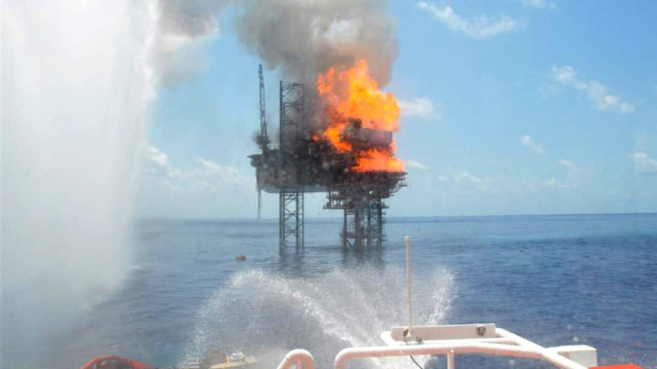 The West Atlas rig and Montara Well head platform on fire in 2009