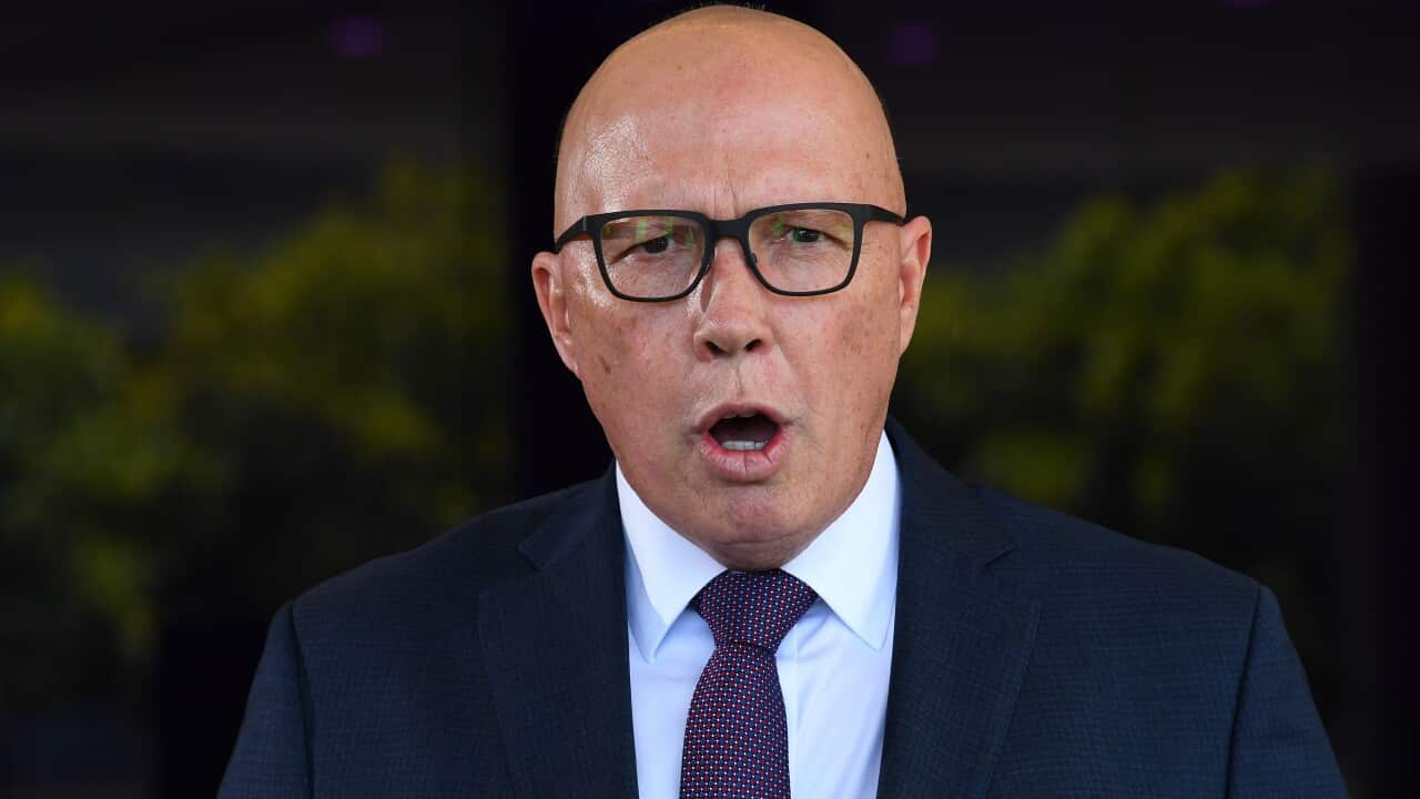 Peter Dutton speaking at a press conference.