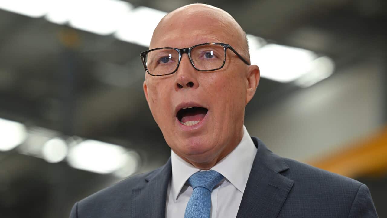 Peter Dutton wearing a suit speaks to the media