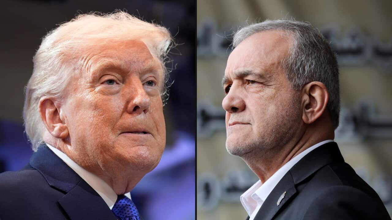 A two-way header image of US President Donald Trump and Iranian President Masoud Pezeshkian.