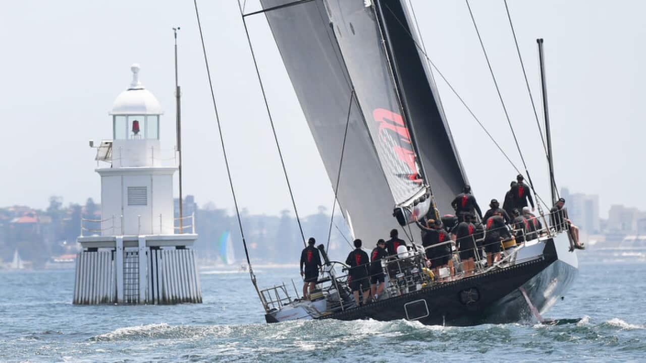 LDV Comanche during a practice sail ahead of the Sydney to Hobart in Sydney, Wednesday, December 20, 2017. LDV Comanche is one of the boats taking part in the Sydney to Hobart race, which starts on Boxing Day. (AAP Image/David Moir) NO ARCHIVING