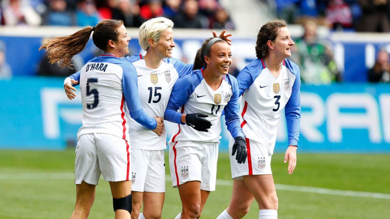 Members of the US squad, including (from left) Kelley O’Hara, Megan Rapinoe, Mallory Pugh and Andi Sullivan, have taken on leadership roles in their own sport