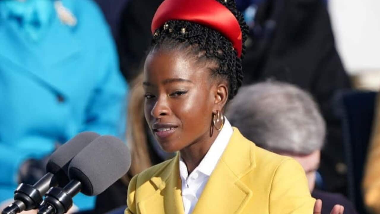 Amanda Gorman reciting her poetry at Presidential inauguration, 20 Jan 2021.