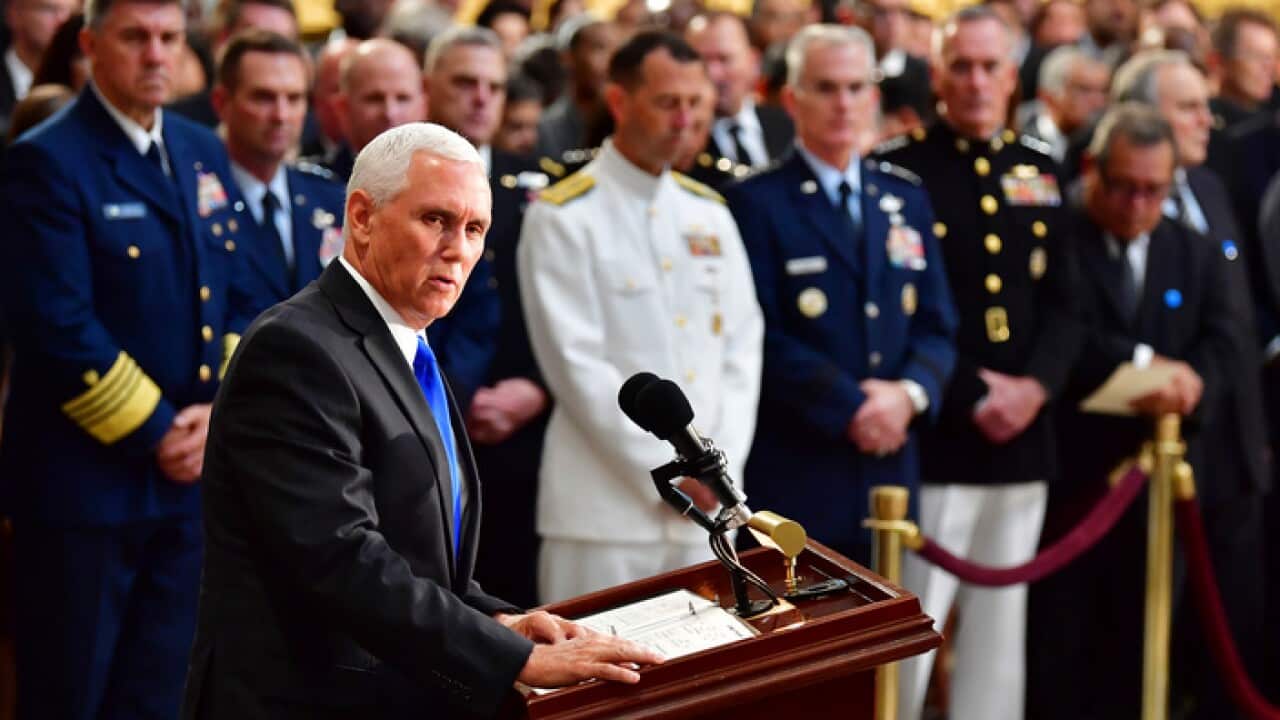 Vice President Mike Pence pays tribute to Sen. John McCain, R-Ariz., at the U.S. Capitol, Friday, August 31, 2018 in Washington. (Kevin Dietsch/Pool photo via AP)