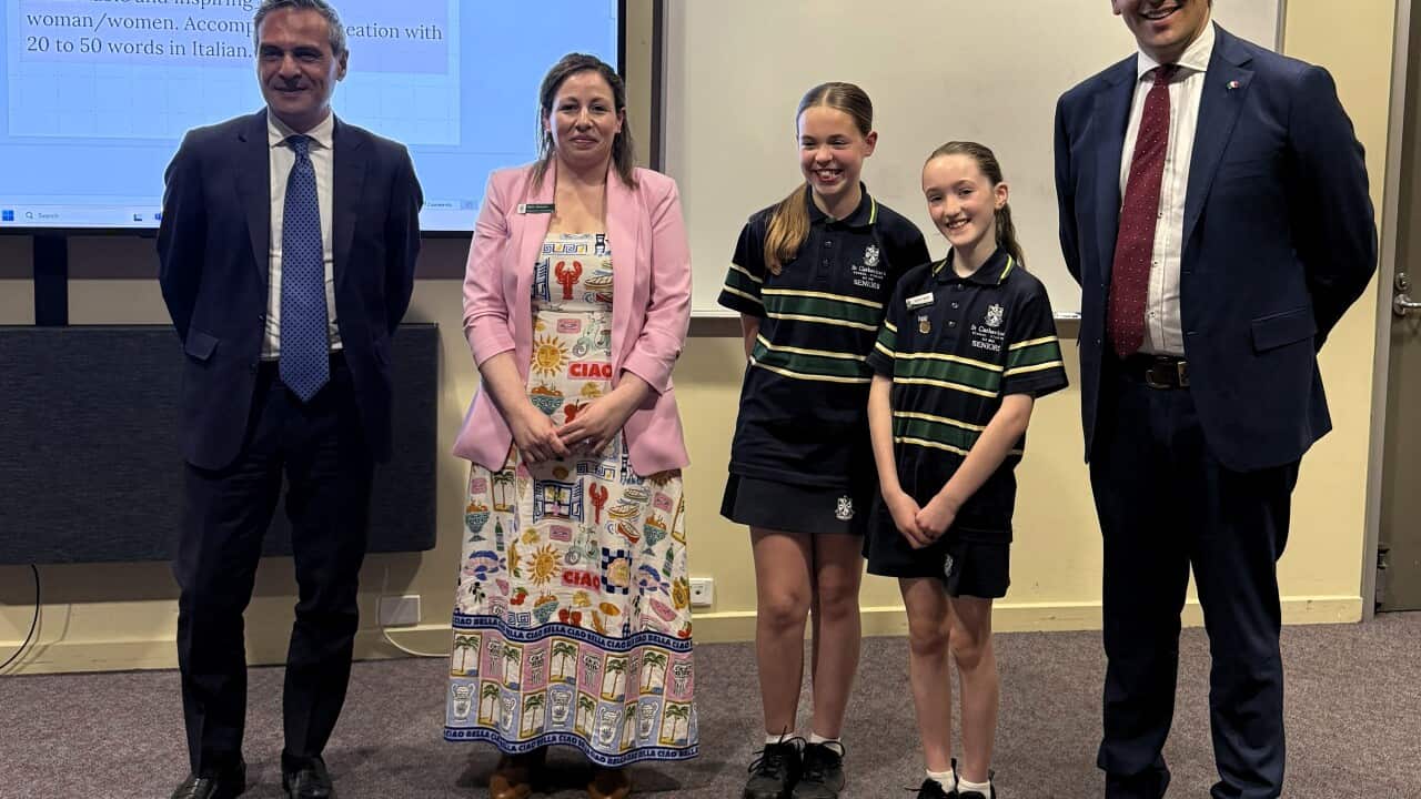 The award for the Y5-6 category went to St Catherine’s School: from left, Consul Ernesto Pianelli, teacher Maria Niedorfer, students Aliyah and Raphi and South Australian Education Minister Blair Boyer.