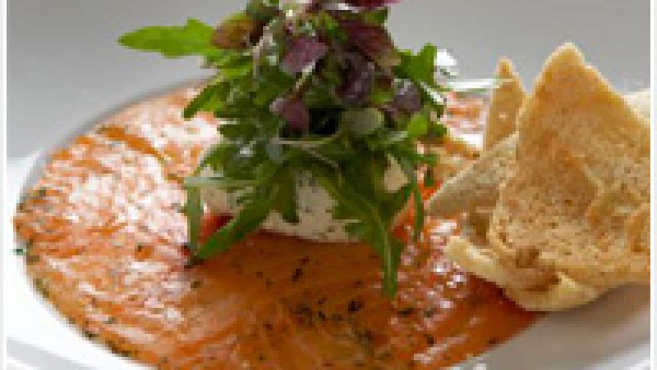 Salmon gravlax, herb creme fraiche, Melba toast SBS Food