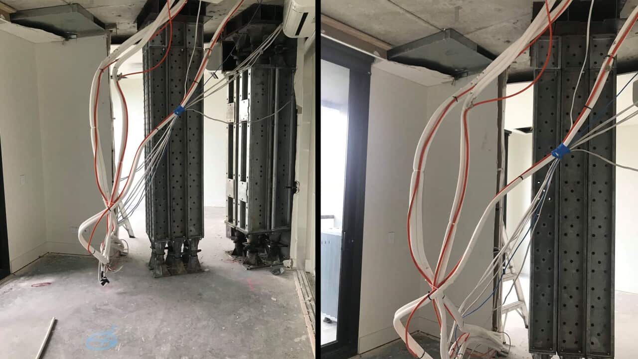 A supplied composite image of two supplied photographs obtained on Saturday, January 5, 2018, of an apartment in the cracked Opal Tower in Sydney Olympic Park.