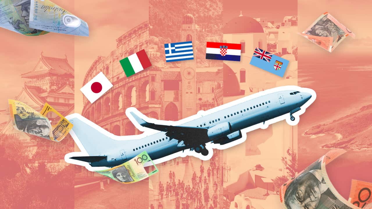 Graphic showing a plane, floating cash and the flags of Japan, Italy, Greece, Croatia and Fiji.