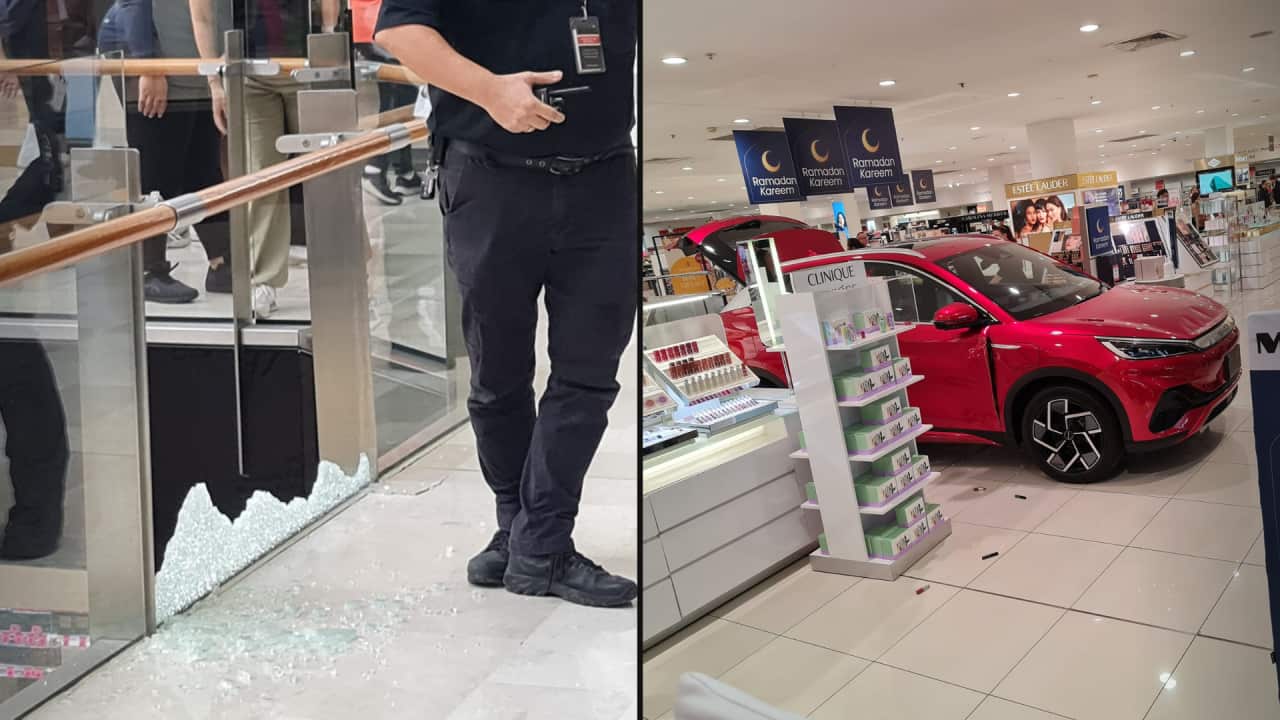 A split image. On the left is a man standing next to smashed glass. On the right is a car that has crashed into a shopfront.