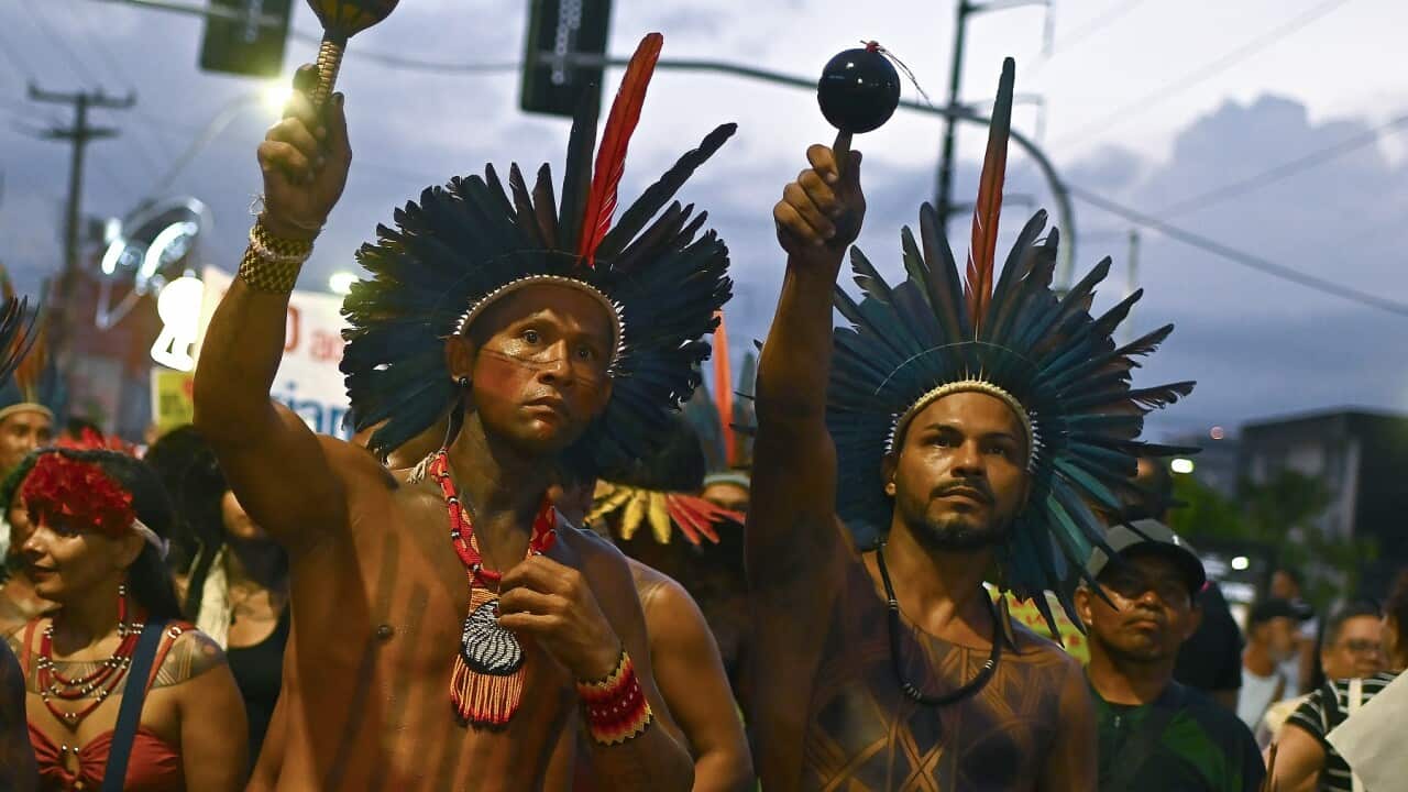 Indigenous people paticipate in the Global March for Health and Climate in Belem, Brazil (AAP)