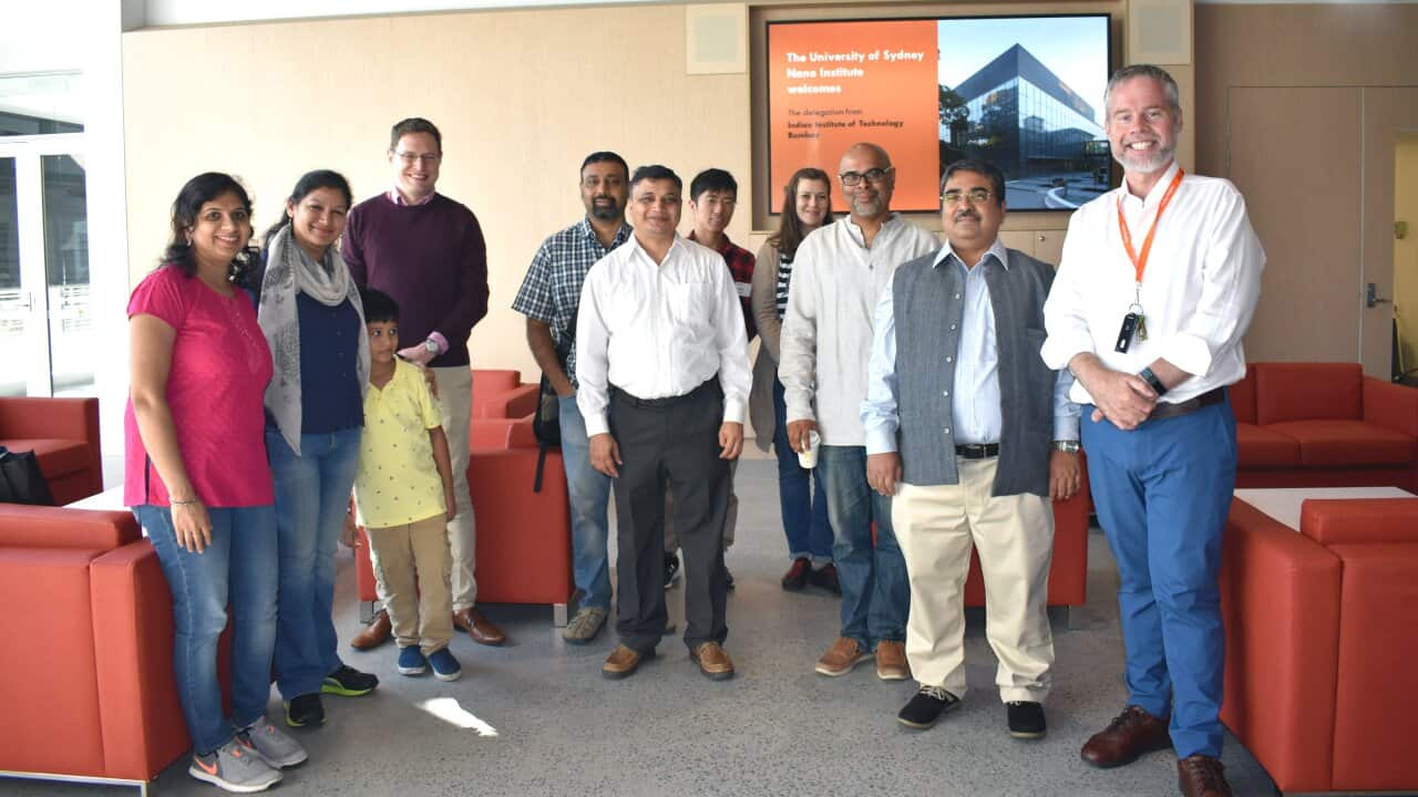 Participants of the university of Sydney Nanao Institute and IIT Bombay at a workshop in Sydney Sydney Nano Director Prof. Ben Eggleton (right)