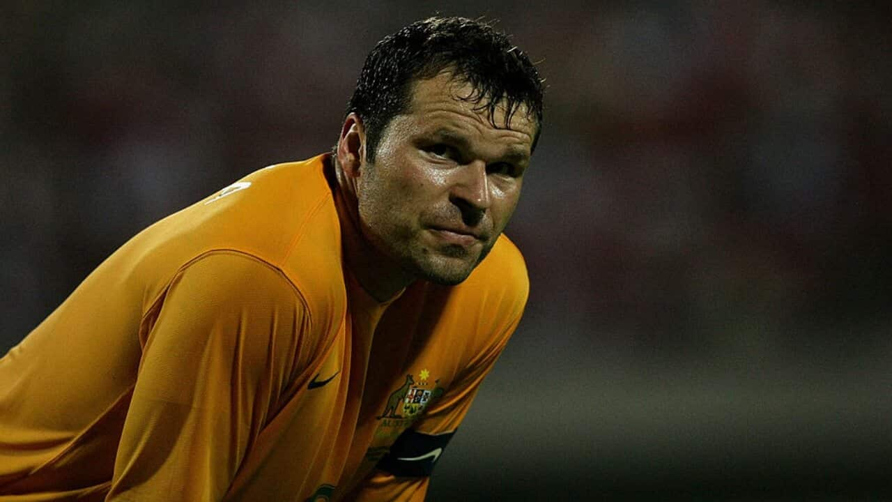 Mark Viduka reacts during a Socceroos match