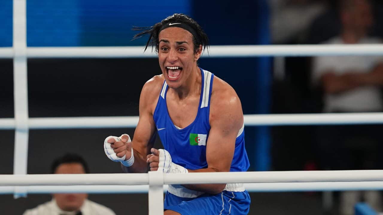 Imane Khelif, wearing a blue singlet and shorts, celebrates while in the boxing ring.