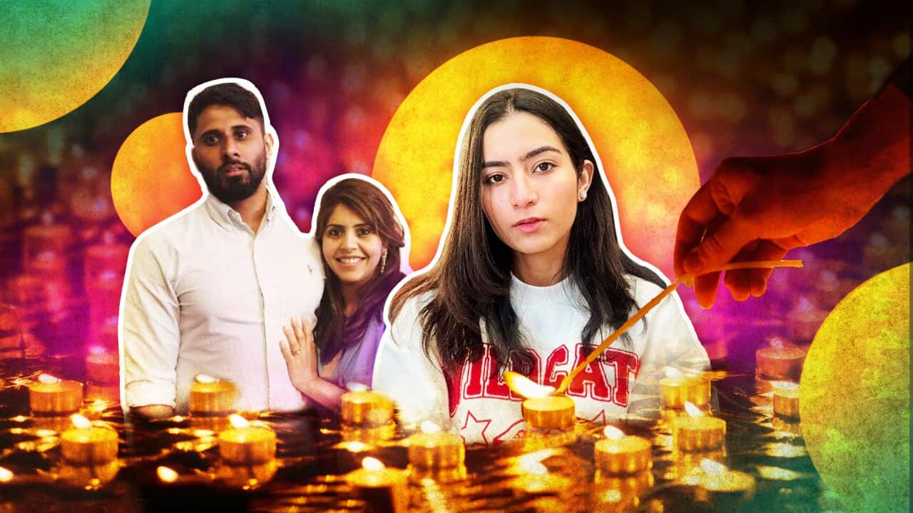 A stylised image of a couple and a young woman with a hand lighting oil lamps and colourful bubbles in the background.