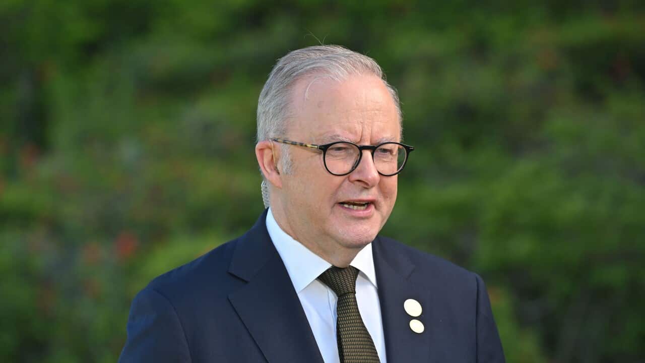 Prime Minister Anthony Albanese, wearing a suit and tie, is speaking.