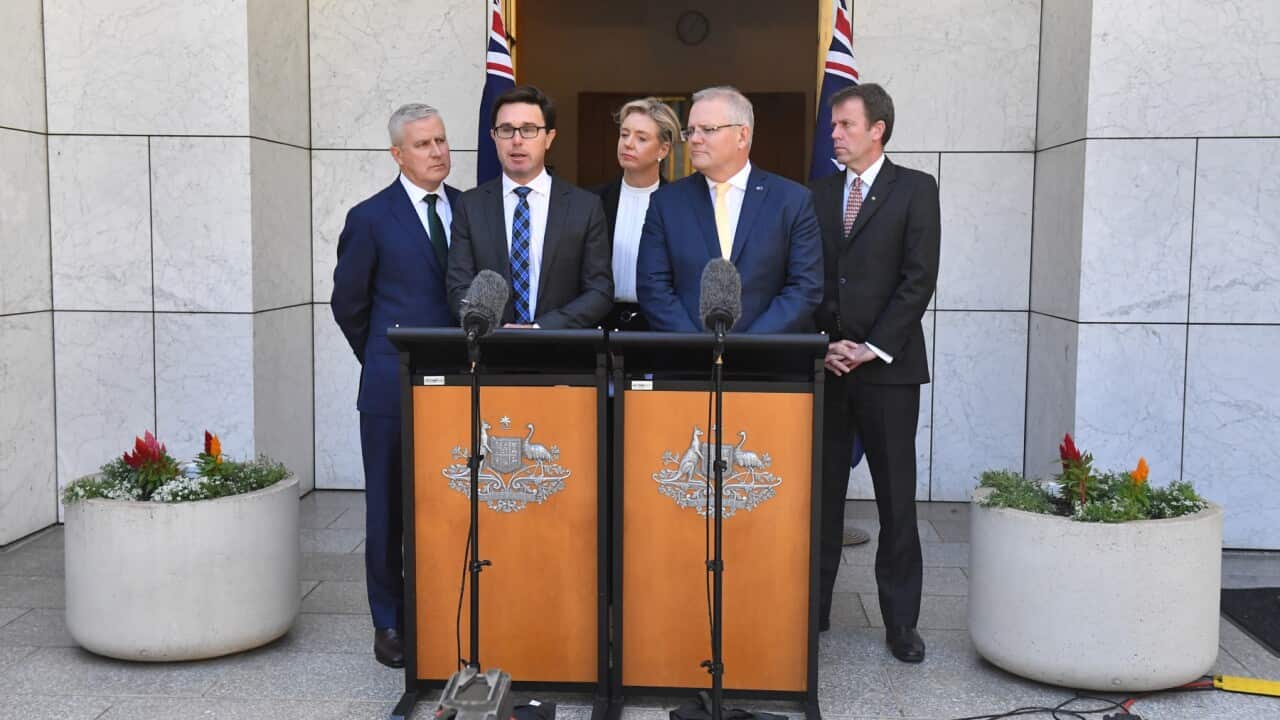 Scott Morrison leads a press conference at Parliament about the Government's druught package