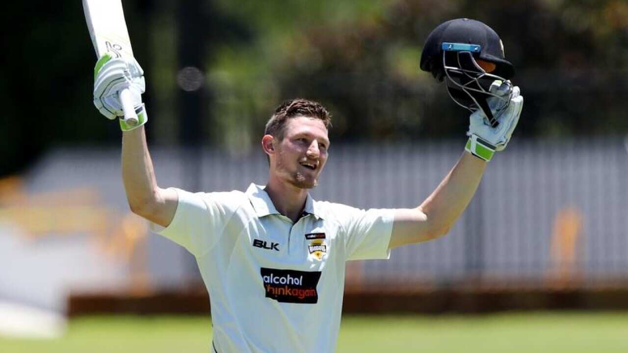 Cameron Bancroft of WA celebrates reaching a double century