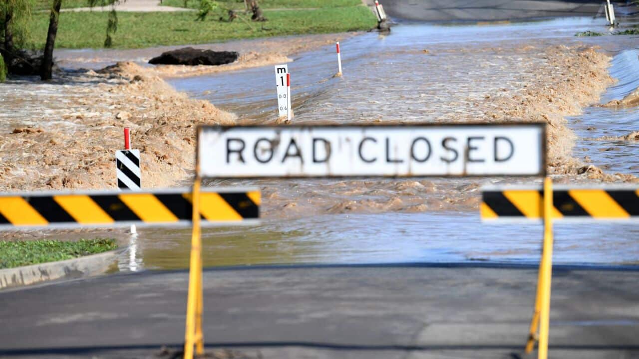 Flood water inundate a road in Dalby, Queensland.