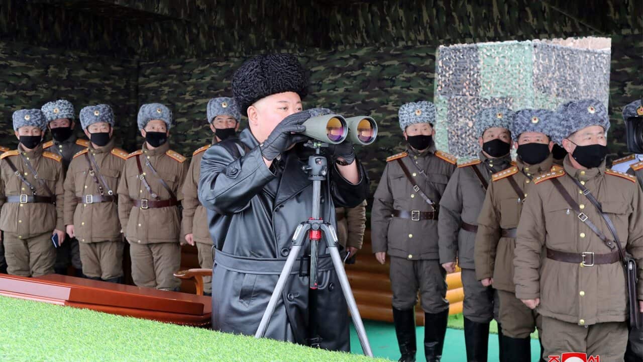 In this 28 February photo, North Korean leader Kim Jong Un, center inspects the military drill of units of the Korean People's Army.