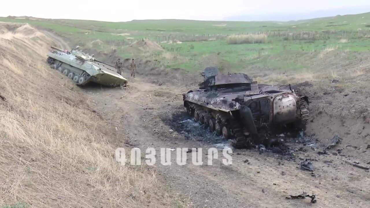 Tanks allegedly destroyed in shelling, artillery and air attacks on the front lines in Nagorno-Karabakh, 27 September 2020.