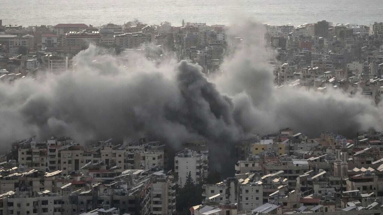 Smoke rise from Israeli airstrikes in Dahiyeh, Beirut, Sunday, Nov. 24, 2024