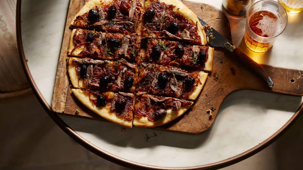 Onion and anchovy pizza (pissaladière)