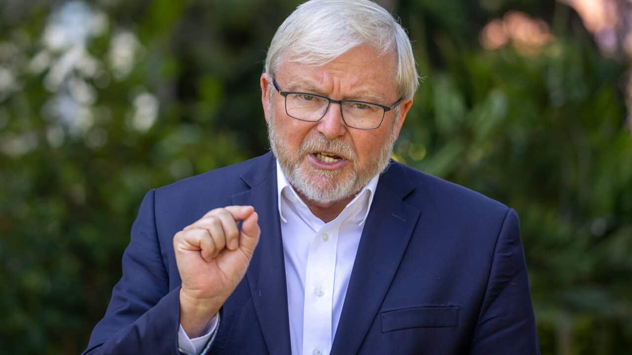 Kevin Rudd speaks to the media during a press conference at Brisbane City Botanic Garden in Brisbane, Sunday, October 11, 2020.