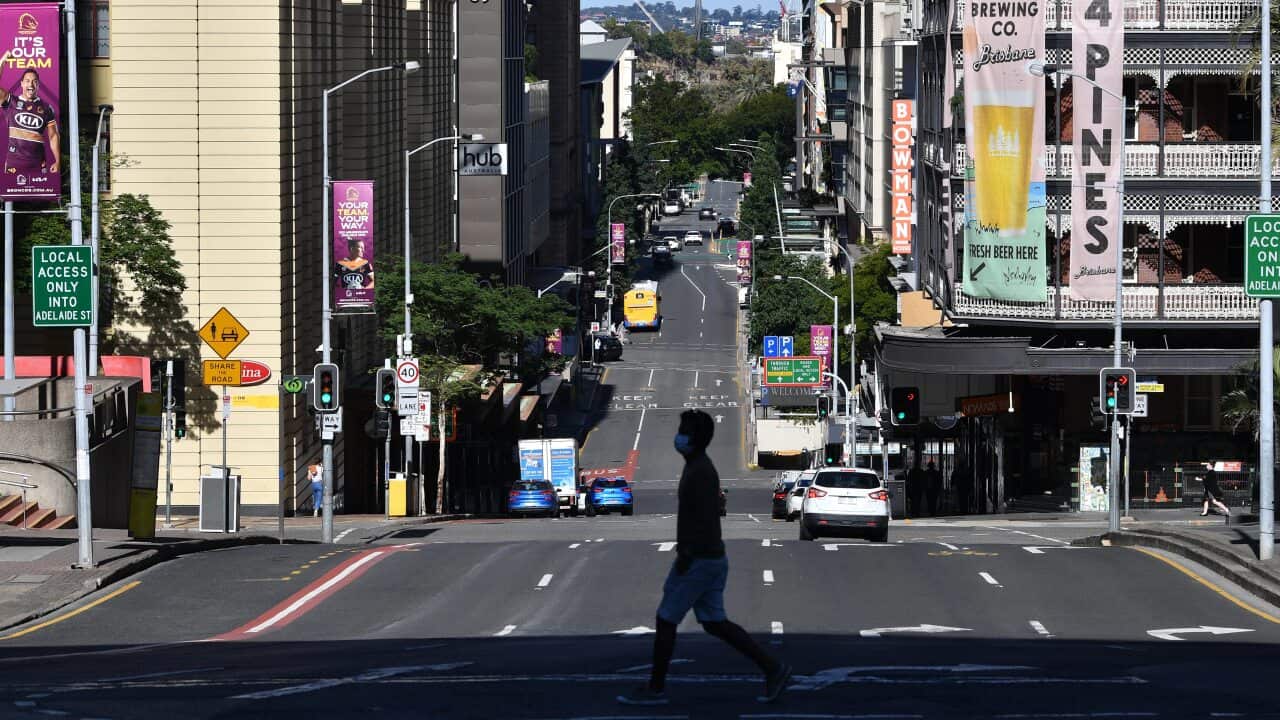 A general view of a quiet Edward Street is seen in Brisbane amid a COVID-19 lockdown on Friday, 6 August, 2021.