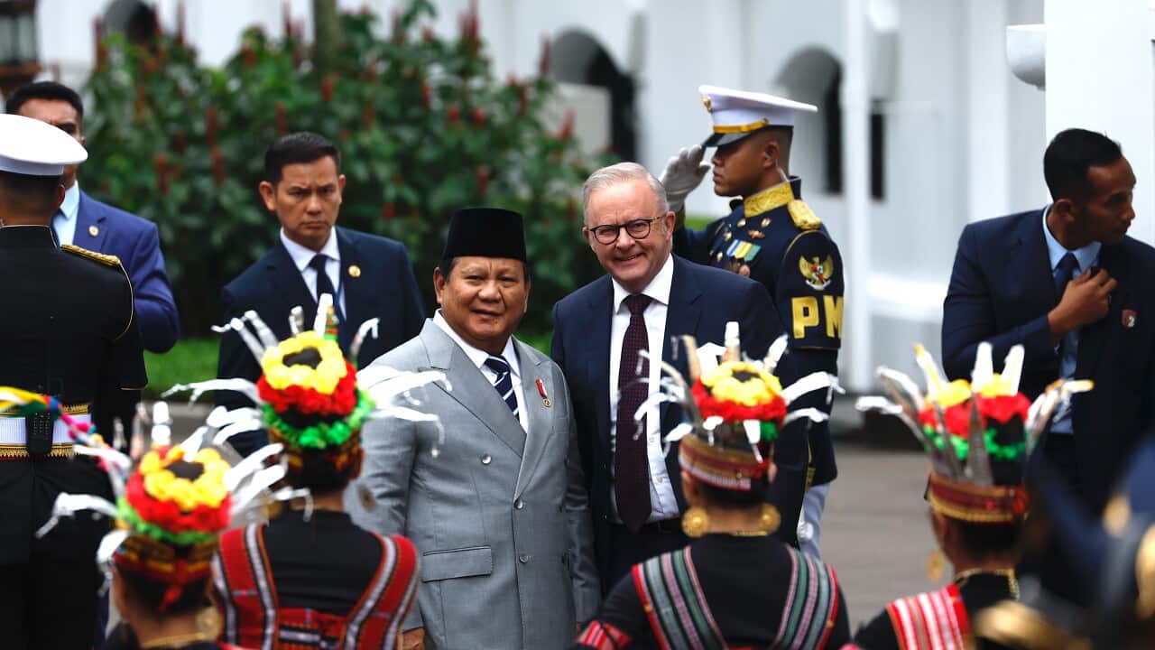 Indonesian President Prabowo Subianto and Australian Prime Minister Anthony Albanese smile while standing together during a ceremony featuring traditional dancers and military personnel.