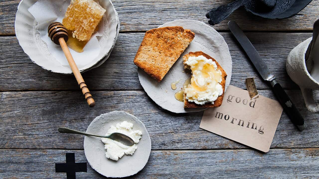 Coconut toast with ricotta and honey