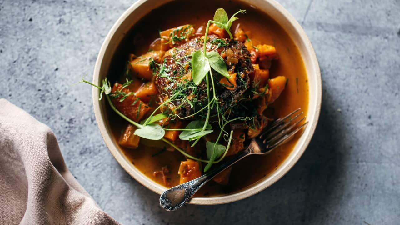 Slow cooked beef conical with swede and choko SBS The Cook Up with