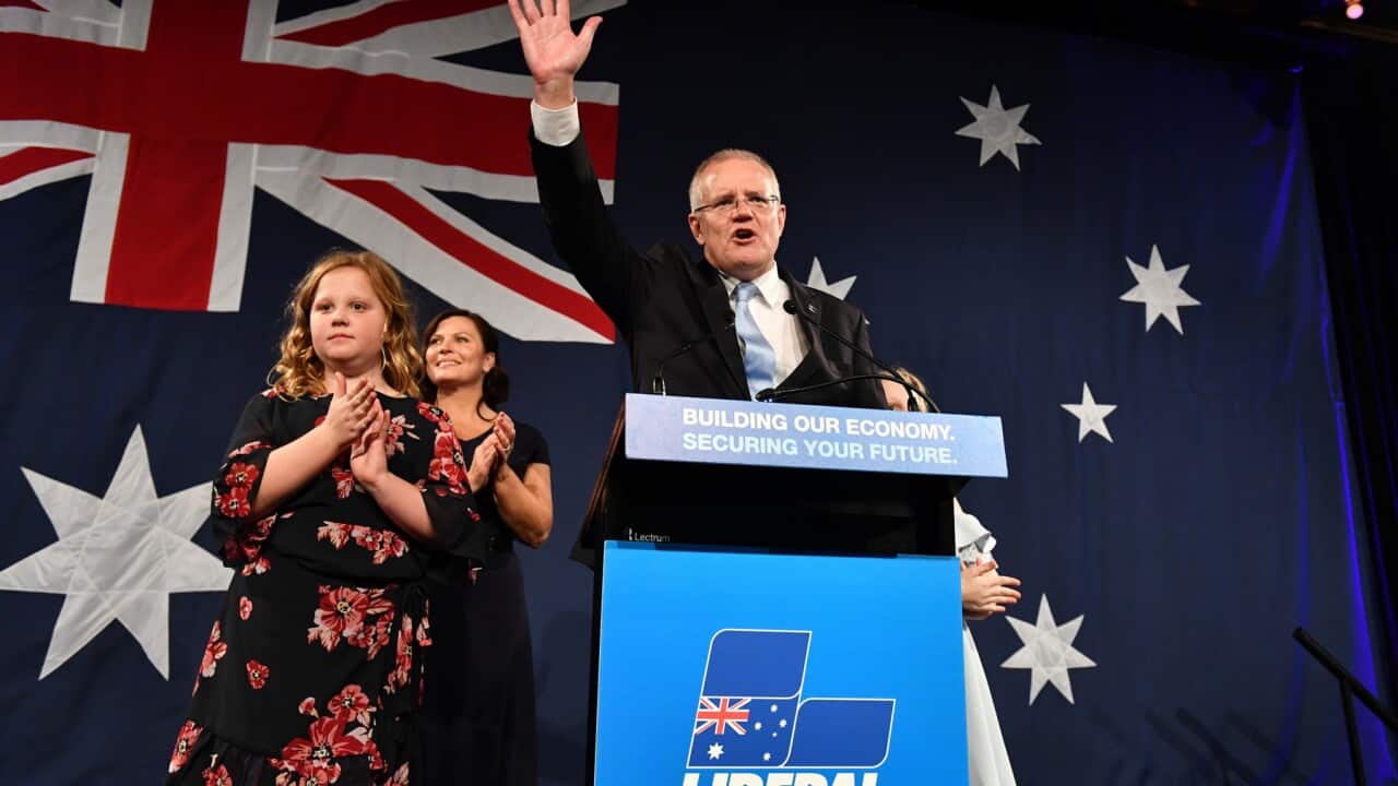 *This picture has been selected as one of the Best of the Year News images for 2019*Prime Minister Scott Morrison on election night at the Wentworth Sofitel Hotel, Sydney, Saturday, May 18, 2019. (AAP Image/Mick Tsikas) NO ARCHIVING