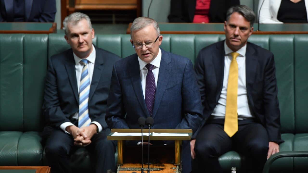 Leader of the Opposition Anthony Albanese makes his budget reply speech in the House of Representatives at Parliament House in Canberra, Thursday, 13 May, 2021.
