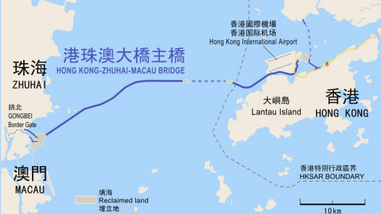 Map of the bridge highway and the undersea tunnel (dotted) route of the Hong Kong–Zhuhai–Macau Bridge, between Hong Kong and Macau