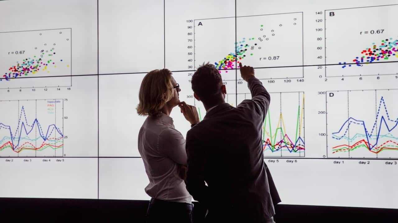 Business men in a dark room standing in front of a large data display