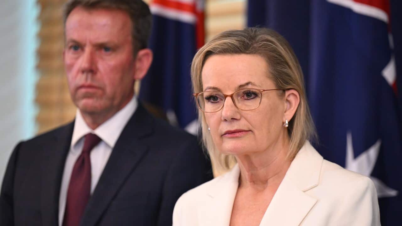 Sussan Ley, wearing a white blazer, looks to her left with a serious expression on her face.