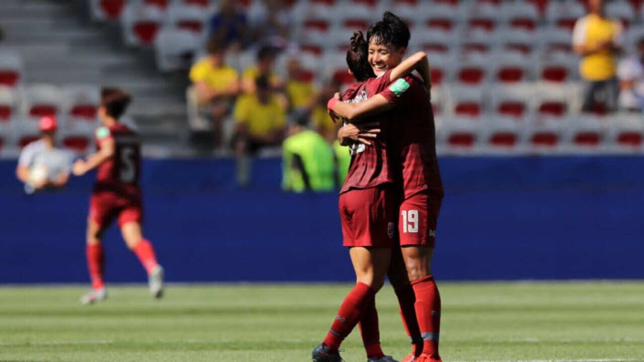 Celebrations as Thailand captain Kanjana Sung-Ngoen scores the side's first goal of the Women's World Cup (Getty Images)