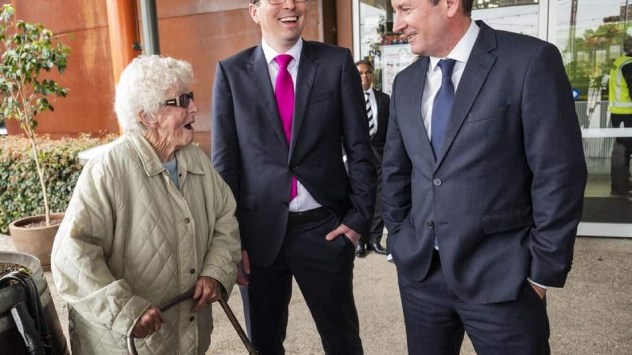 Candidate for Perth Patrick Gorman (C) and WA Premier Mark McGowan