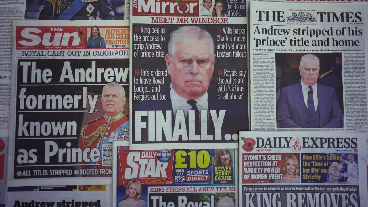 The front pages of national newspapers on display in London showing Andrew Mountbatten Windsor on Friday October 31, 2025.