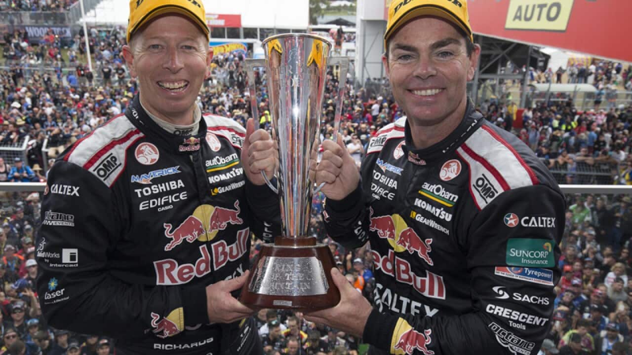 Craig Lowndes and Steven Richards celebrating victory at Bathurst