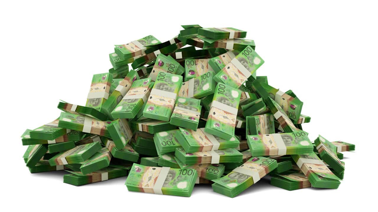 Big pile of stacks of 100 Australian dollar notes a lot of money over white background. 3d rendering of bundles of cash