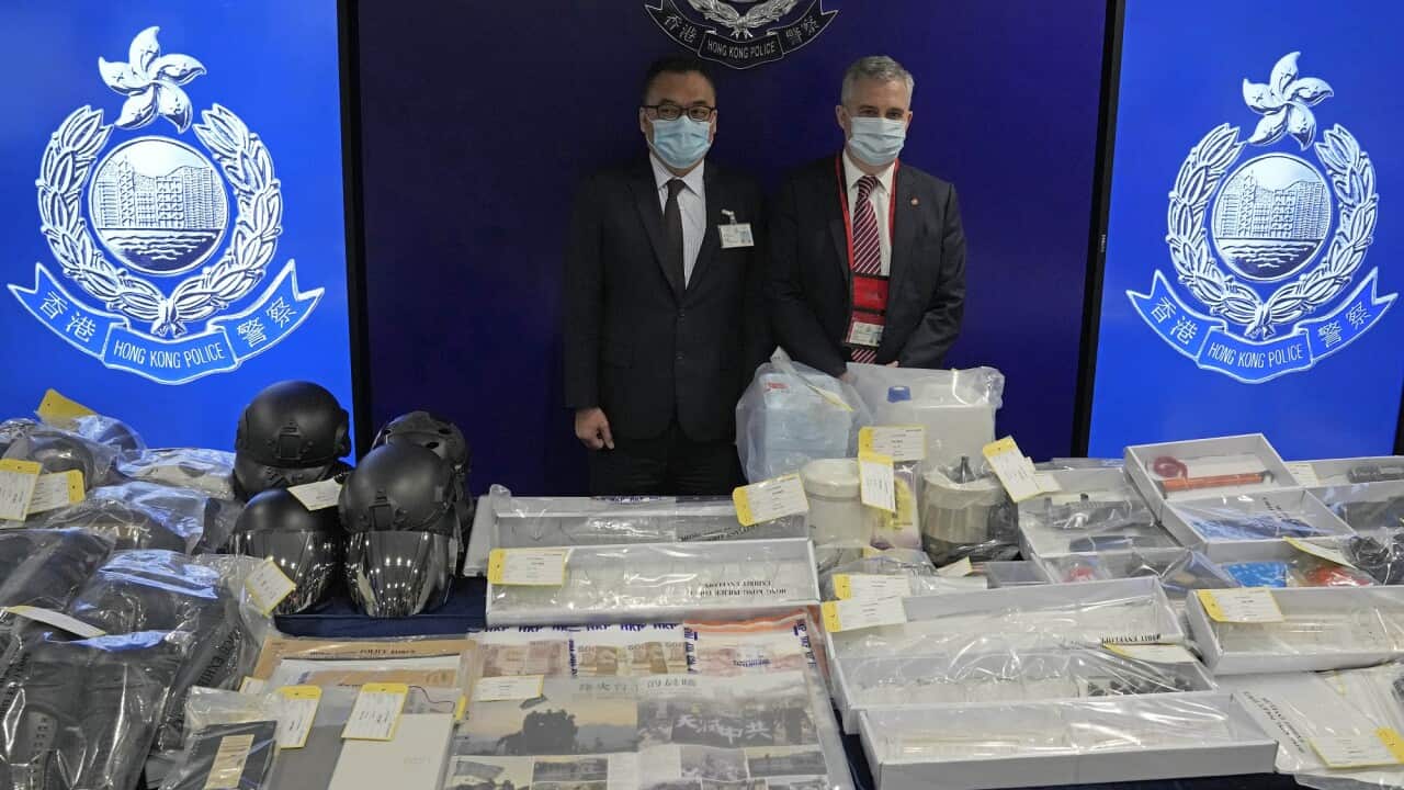 Confiscated evidence pictured during a press conference on the arrests made over the alleged plot to plant bombs around Hong Kong. 