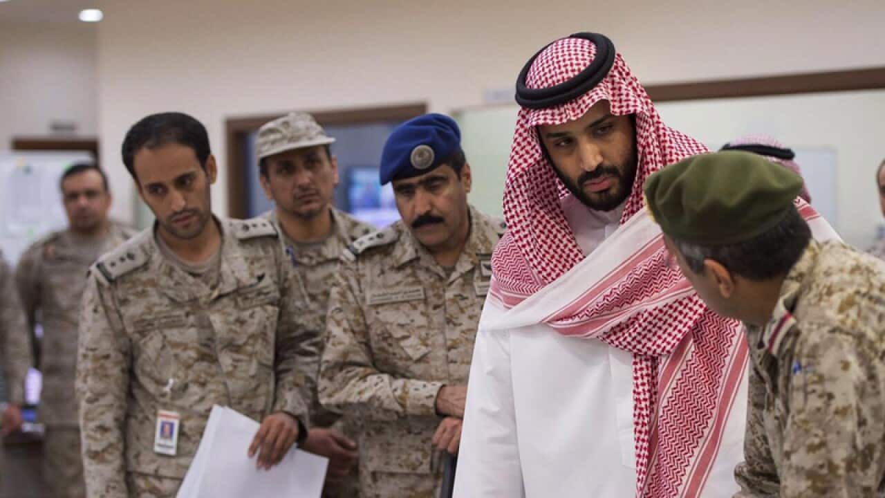 Saudi Defense Minister being debriefed on airstrikes in Yemen