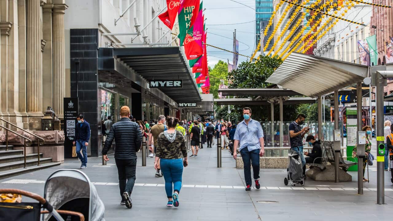 View across Bourke street mall and large crowds gathered at Myer department store windows Christmas displays. (Photo by Alexander Bogatyrev / SOPA Images/Sipa USA)