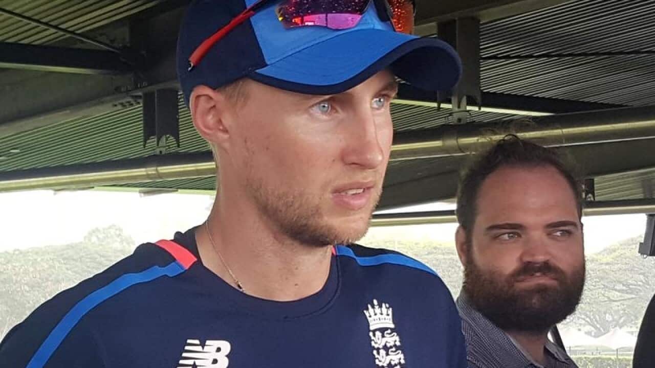 England's Joe Root speaks to reporters