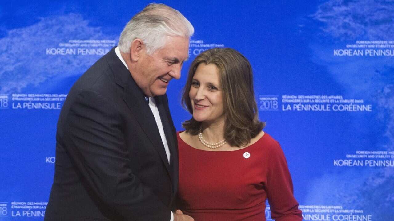 Secretary of State Rex Tillerson, co-hosted the Vancouver event with Canada's foreign minister Chrystia Freeland.
