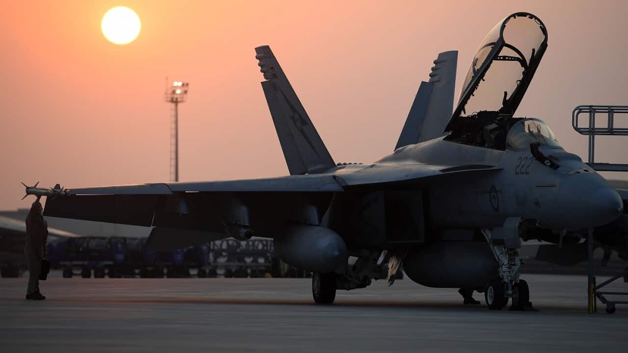A Royal Australian Air Force F/A-18F Super Hornet prior to a mission at the main air operating base in the Middle East region.