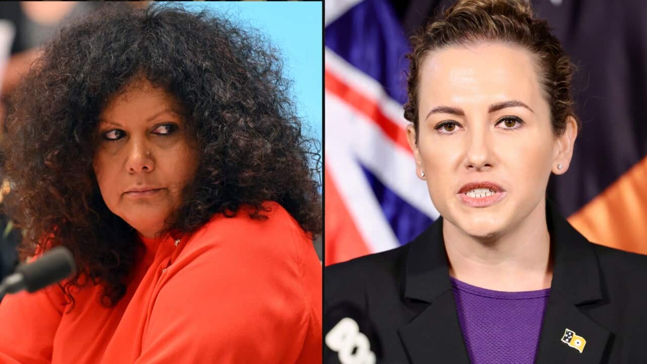 Composite image of a woman looking on (on the left) and a woman speaks at a press conference (on the right)